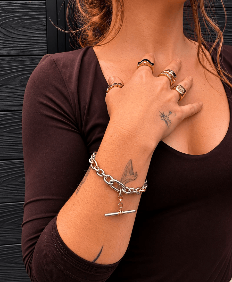 Two - Tone Silver & 14k Gold x Medium Diamond - Tipped T - Bar Toggle Bracelet - Kingdom Jewelry