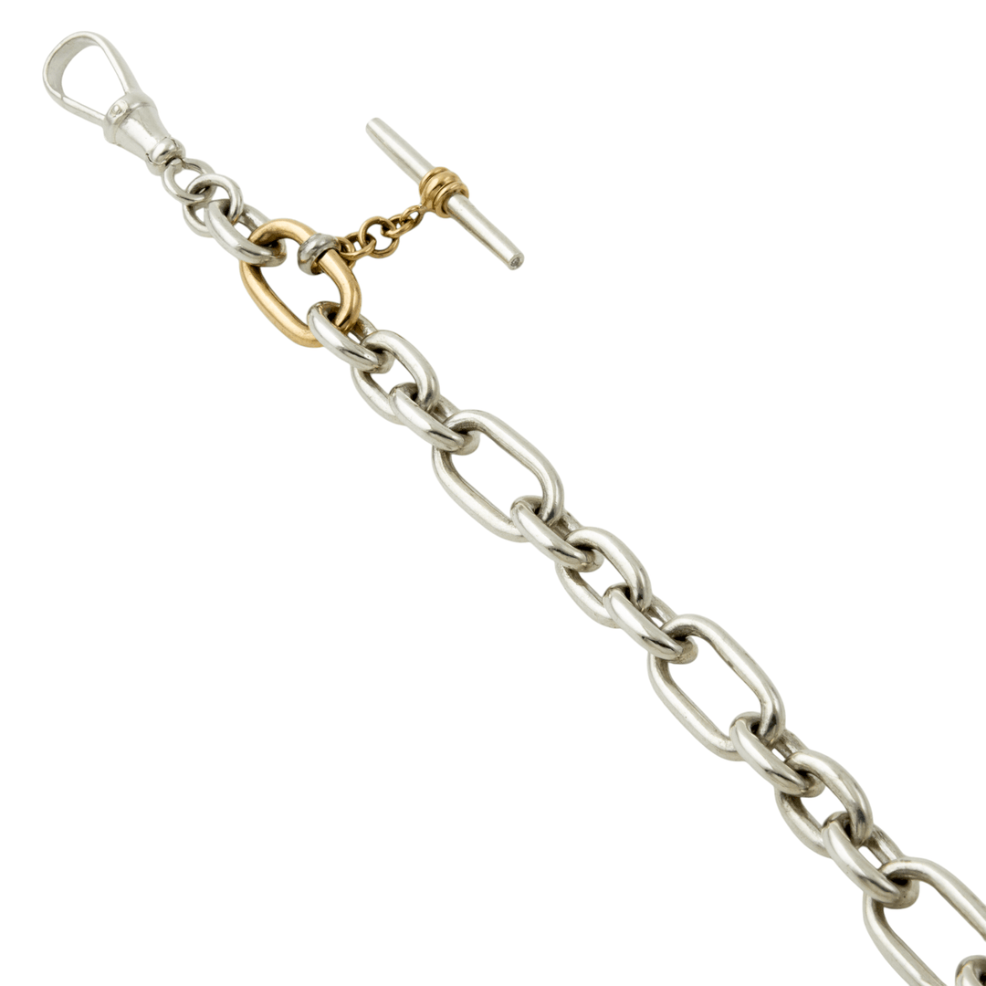 Two - Tone Silver & 14k Gold x Medium Diamond - Tipped T - Bar Toggle Bracelet - Kingdom Jewelry