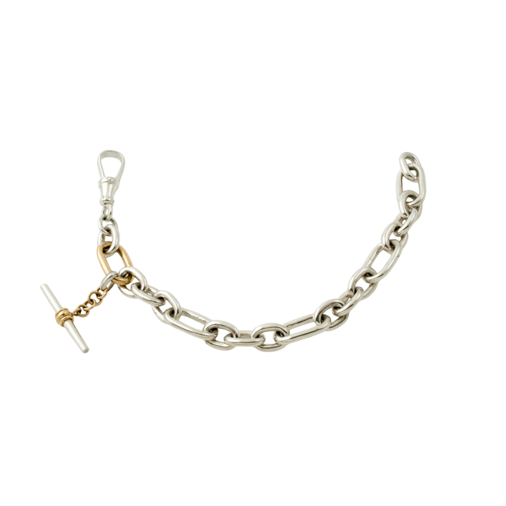 Two - Tone Silver & 14k Gold x Medium Diamond - Tipped T - Bar Toggle Bracelet - Kingdom Jewelry