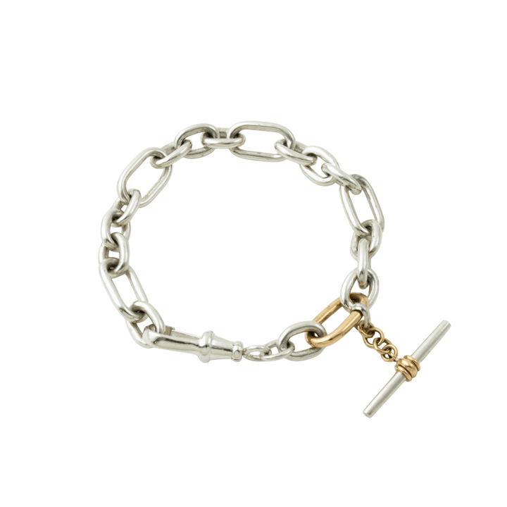 Two - Tone Silver & 14k Gold x Medium T - Bar Toggle Bracelet - Kingdom Jewelry