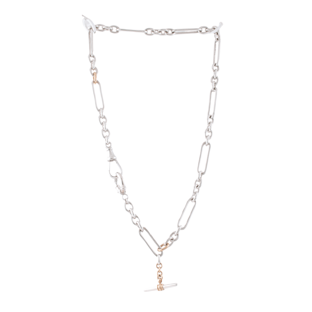 Two - Tone Silver & 14k Gold x Vintage - Style 7mm Diamond - Tipped T - Bar Trombone Chain Necklace - Kingdom Jewelry