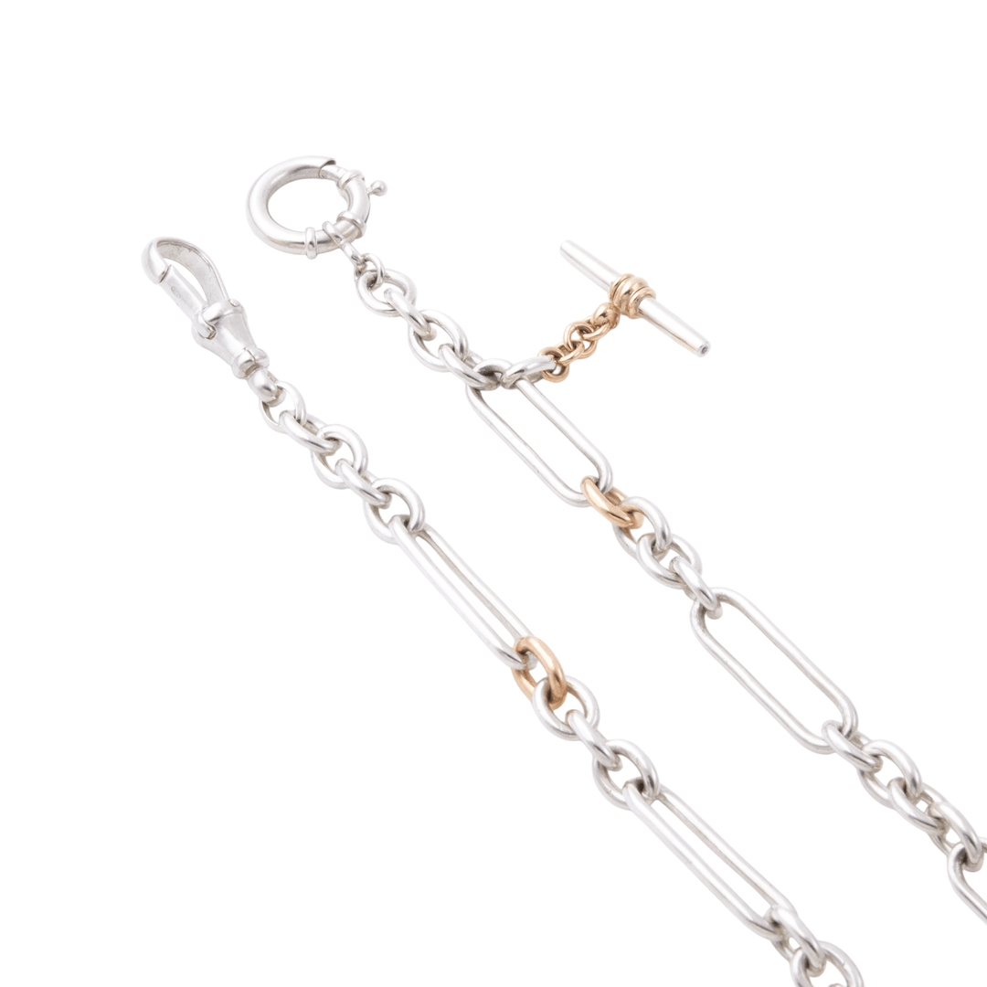 Two - Tone Silver & 14k Gold x Vintage - Style 7mm Diamond - Tipped T - Bar Trombone Chain Necklace - Kingdom Jewelry