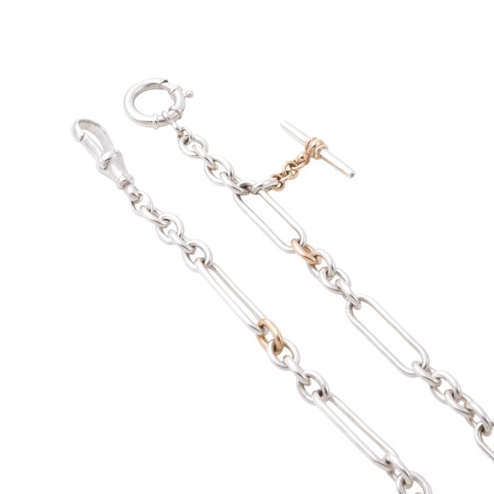 Two - Tone Silver & 14k Gold x Vintage - Style 7mm Diamond - Tipped T - Bar Trombone Chain Necklace - Kingdom Jewelry