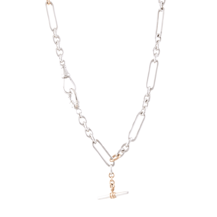 Two - Tone Silver & 14k Gold x Vintage - Style 7mm Diamond - Tipped T - Bar Trombone Chain Necklace - Kingdom Jewelry