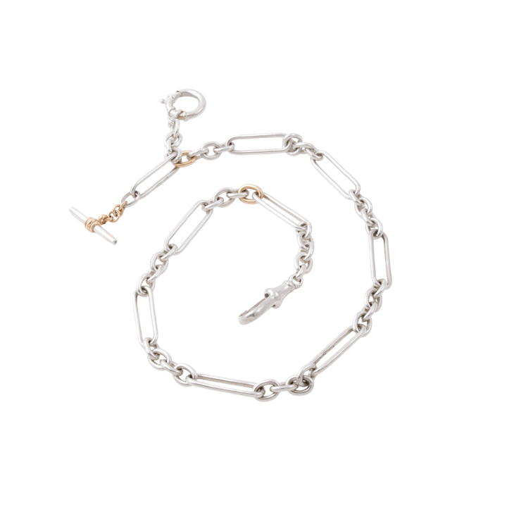 Two - Tone Silver & 14k Gold x Vintage - Style 7mm Diamond - Tipped T - Bar Trombone Chain Necklace - Kingdom Jewelry
