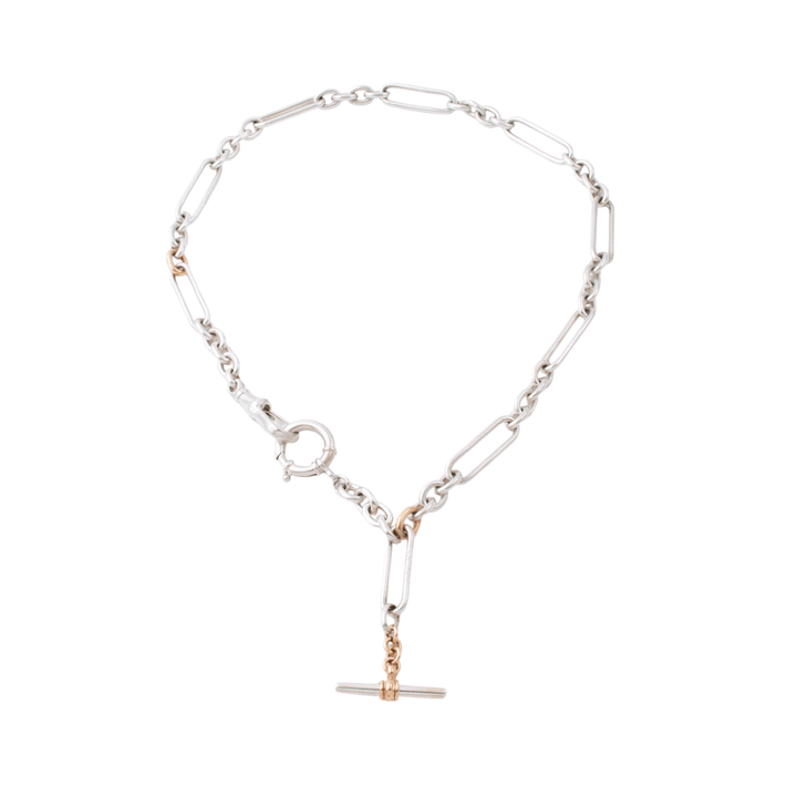 Two - Tone Silver & 14k Gold x Vintage - Style 7mm Diamond - Tipped T - Bar Trombone Chain Necklace - Kingdom Jewelry