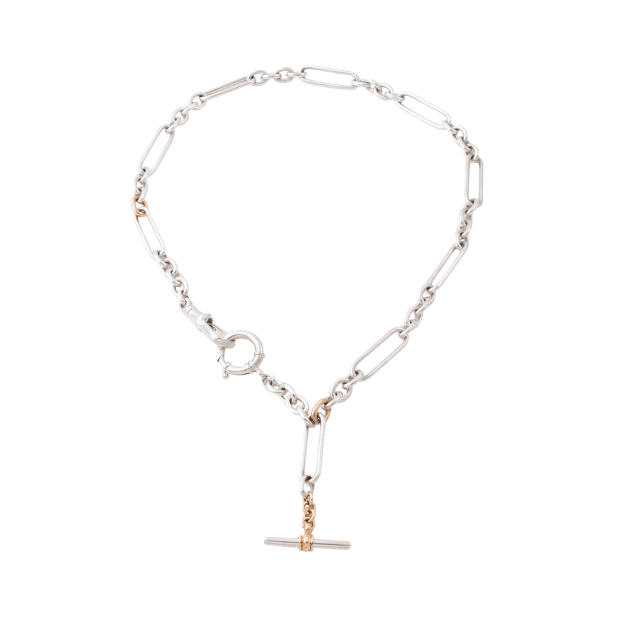 Two - Tone Silver & 14k Gold x Vintage - Style 7mm Diamond - Tipped T - Bar Trombone Chain Necklace - Kingdom Jewelry