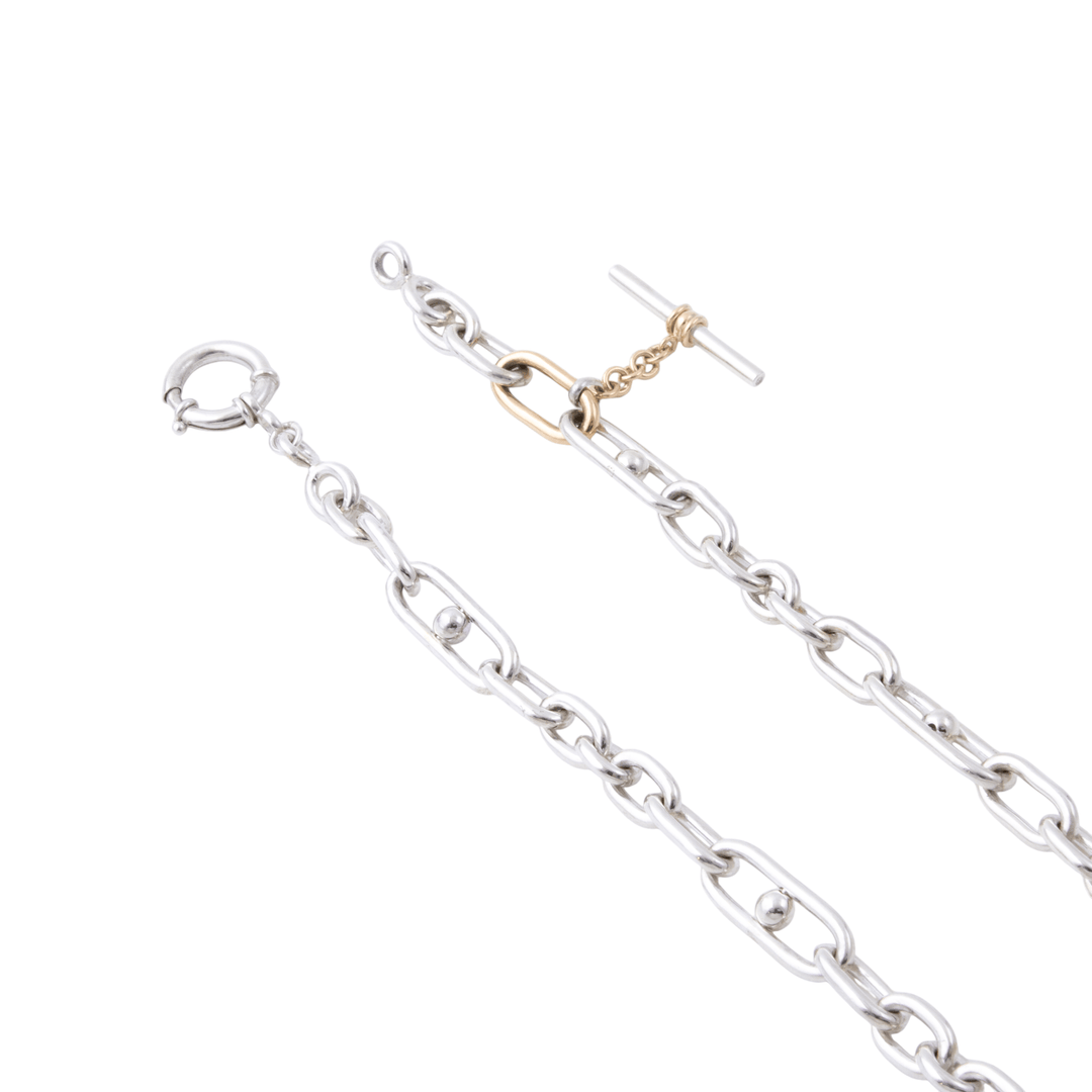 Two - Tone Silver & 14k x 8mm Diamond - Tipped T - Bar Trombone Chain Necklace - Kingdom Jewelry