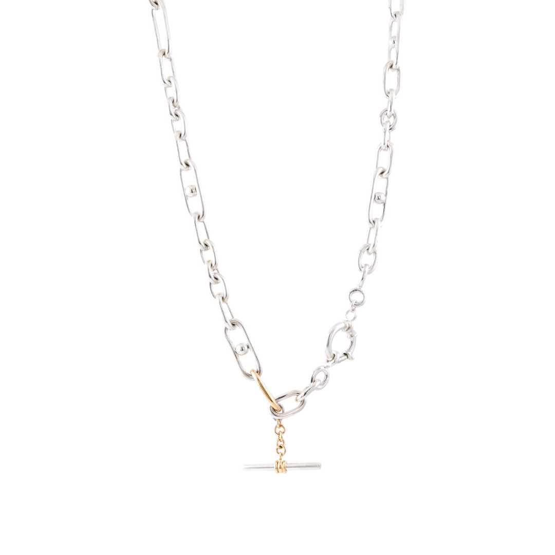 Two - Tone Silver & 14k x 8mm Diamond - Tipped T - Bar Trombone Chain Necklace - Kingdom Jewelry
