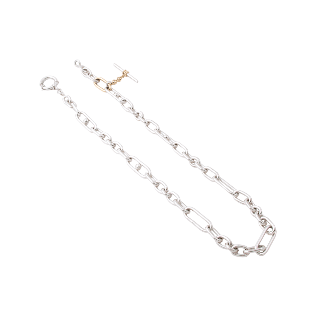 Two - Tone Silver & 14k x 8mm Diamond - Tipped T - Bar Trombone Chain Necklace - Kingdom Jewelry