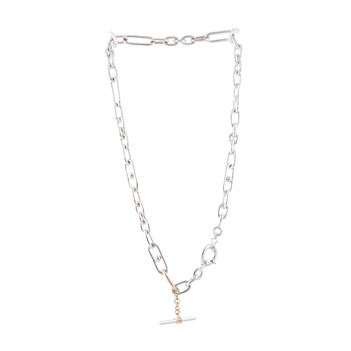 Two - Tone Silver & 14k x 8mm Diamond - Tipped T - Bar Trombone Chain Necklace - Kingdom Jewelry