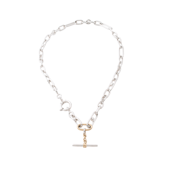 Two - Tone Silver & 14k x 8mm Diamond - Tipped T - Bar Trombone Chain Necklace - Kingdom Jewelry