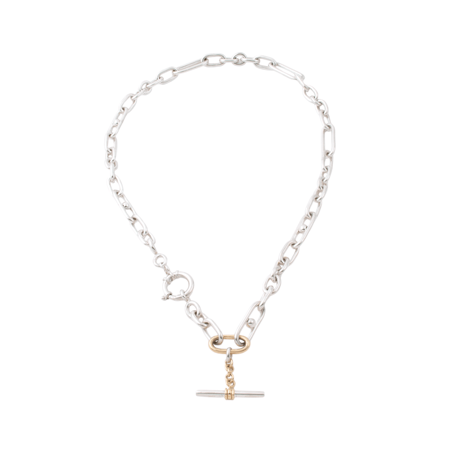 Two - Tone Silver & 14k x 8mm Diamond - Tipped T - Bar Trombone Chain Necklace - Kingdom Jewelry