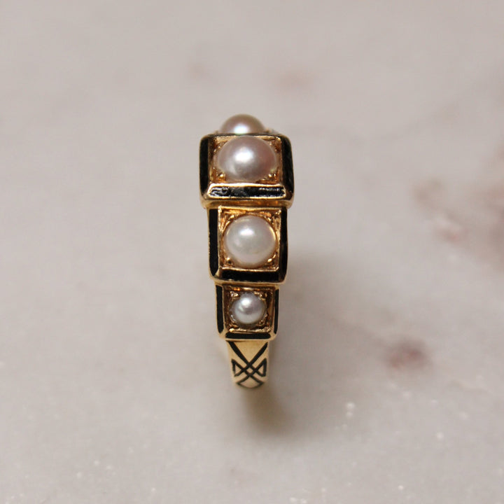 Victorian 18k Gold x Pearl & Enamel Mourning Quinet - Kingdom Jewelry