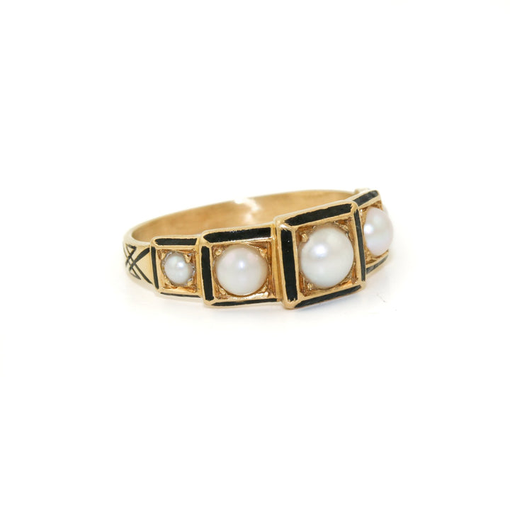 Victorian 18k Gold x Pearl & Enamel Mourning Quinet - Kingdom Jewelry