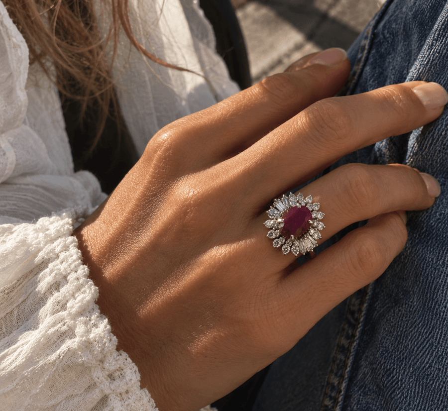 Vintage 18k White Gold 1.26ct Oval Ruby Natural Diamond Halo Ring - Kingdom Jewelry