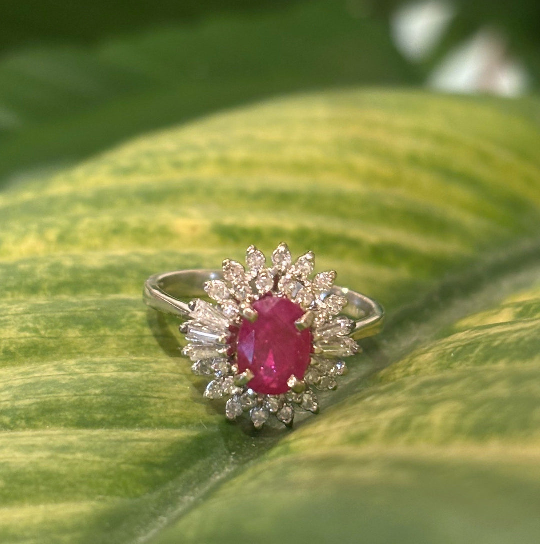 Vintage 18k White Gold 1.26ct Oval Ruby Natural Diamond Halo Ring - Kingdom Jewelry