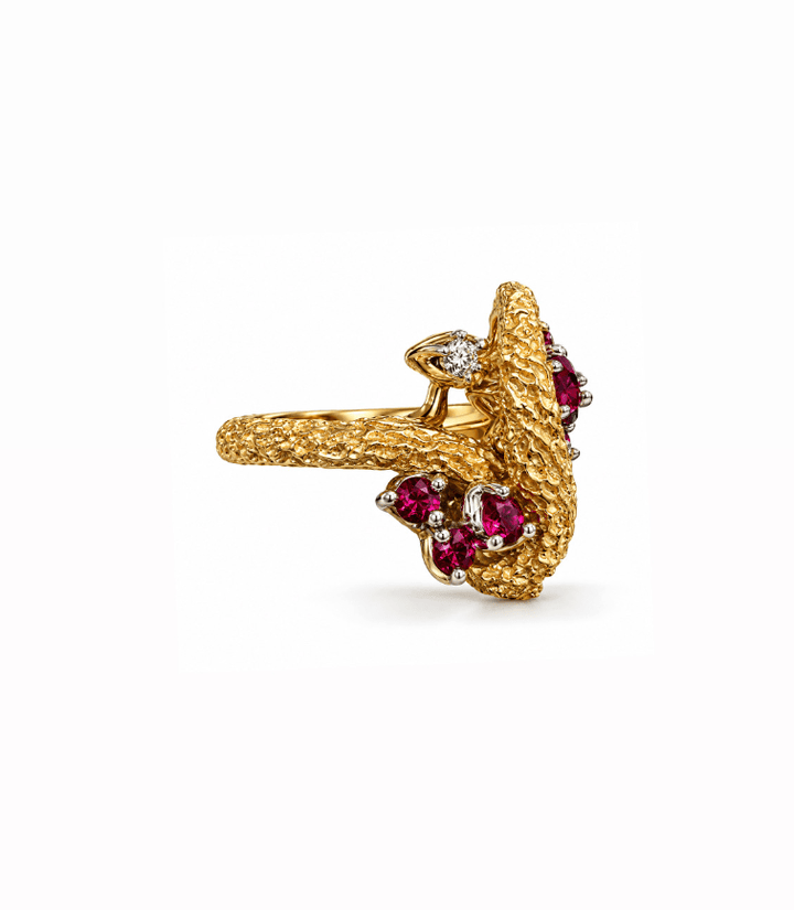 Vintage 18K Yellow Gold Diamond and Ruby Textured Cocktail Ring - Kingdom Jewelry