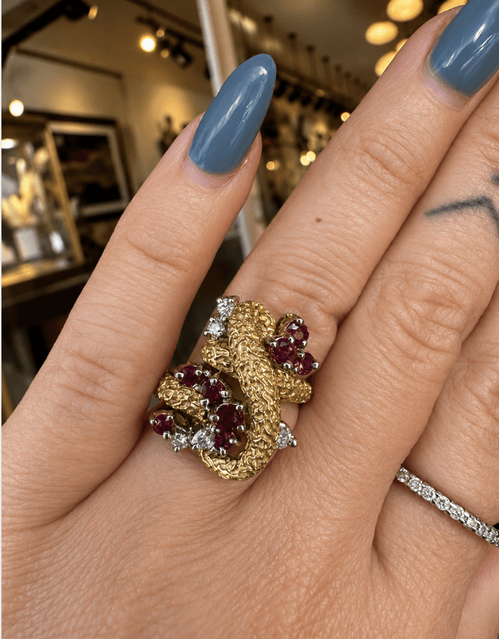 Vintage 18K Yellow Gold Diamond and Ruby Textured Cocktail Ring - Kingdom Jewelry