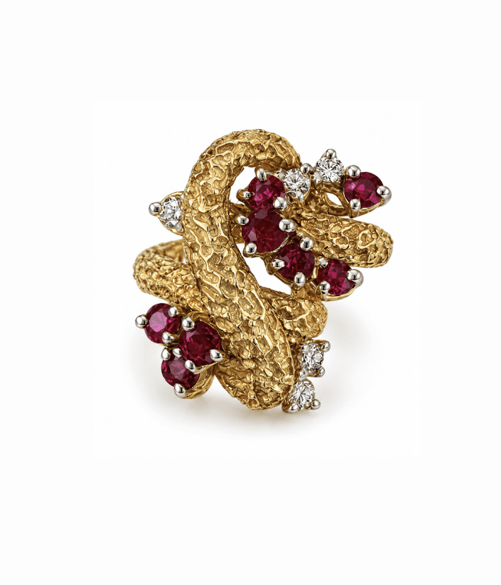 Vintage 18K Yellow Gold Diamond and Ruby Textured Cocktail Ring - Kingdom Jewelry