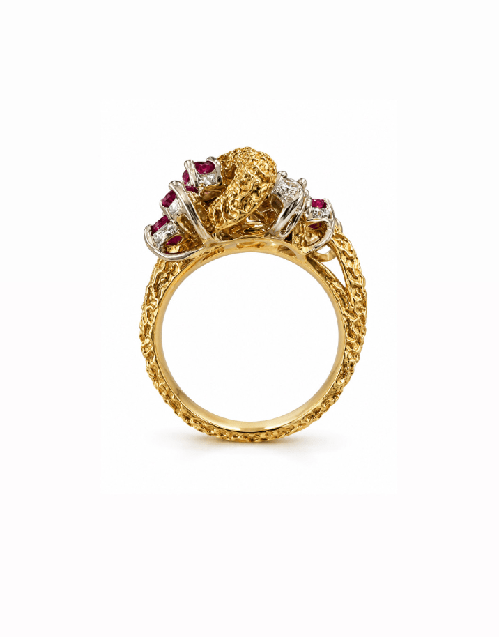 Vintage 18K Yellow Gold Diamond and Ruby Textured Cocktail Ring - Kingdom Jewelry