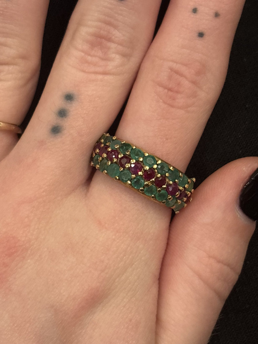 Vintage 18k Yellow Gold Emerald x Ruby Half Eternity Band - Kingdom Jewelry