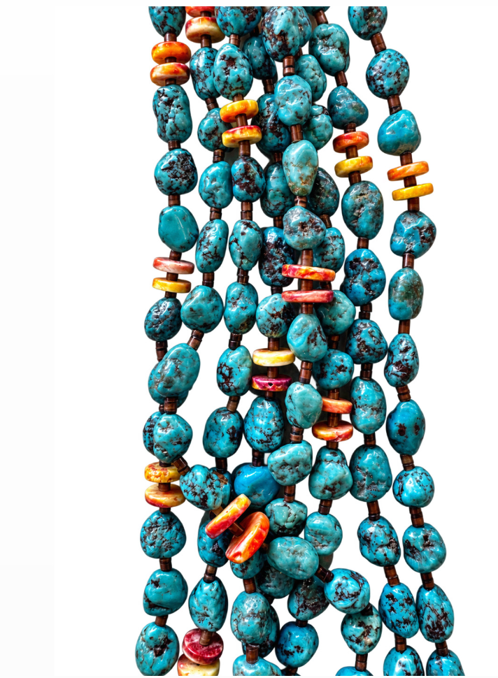 Vintage 1980s Navajo Multi-Strand Turquoise, Spiny Oyster & Heishi Necklace - Kingdom Jewelry