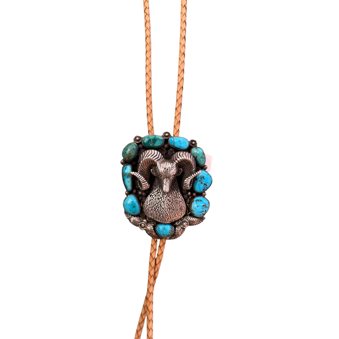 Vintage Silver Turquoise Ram Bolo Tie - Kingdom Jewelry