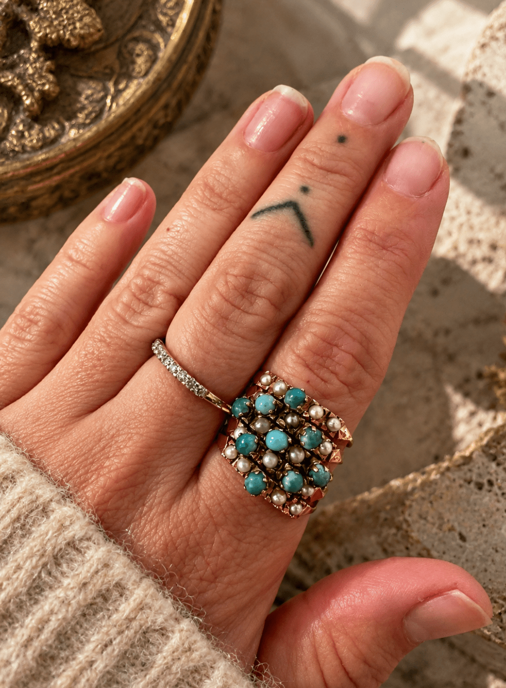 Vintage Turquoise and Pearl 18k Gold 5 Band Ring - Kingdom Jewelry