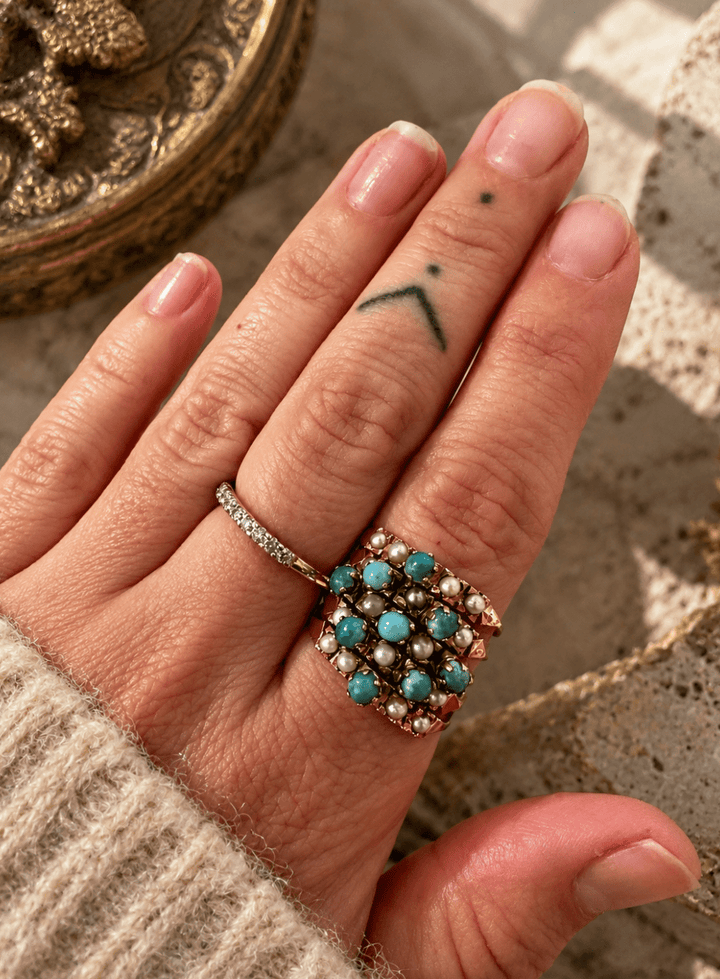 Vintage Turquoise and Pearl 18k Gold 5 Band Ring - Kingdom Jewelry