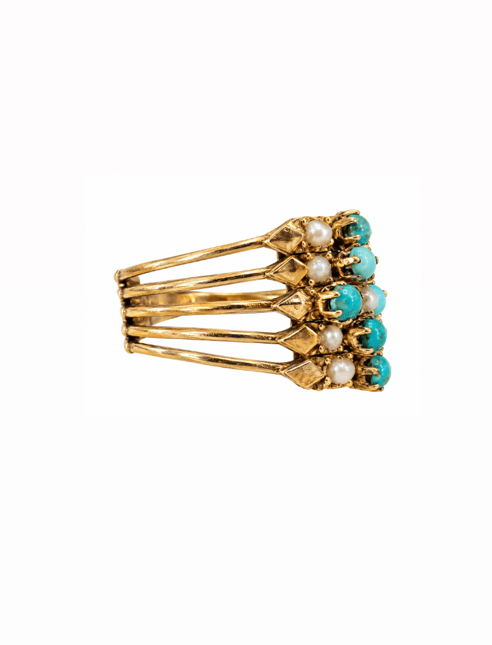 Vintage Turquoise and Pearl 18k Gold 5 Band Ring - Kingdom Jewelry