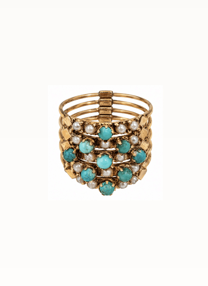 Vintage Turquoise and Pearl 18k Gold 5 Band Ring - Kingdom Jewelry