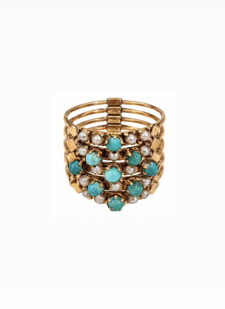 Vintage Turquoise and Pearl 18k Gold 5 Band Ring - Kingdom Jewelry