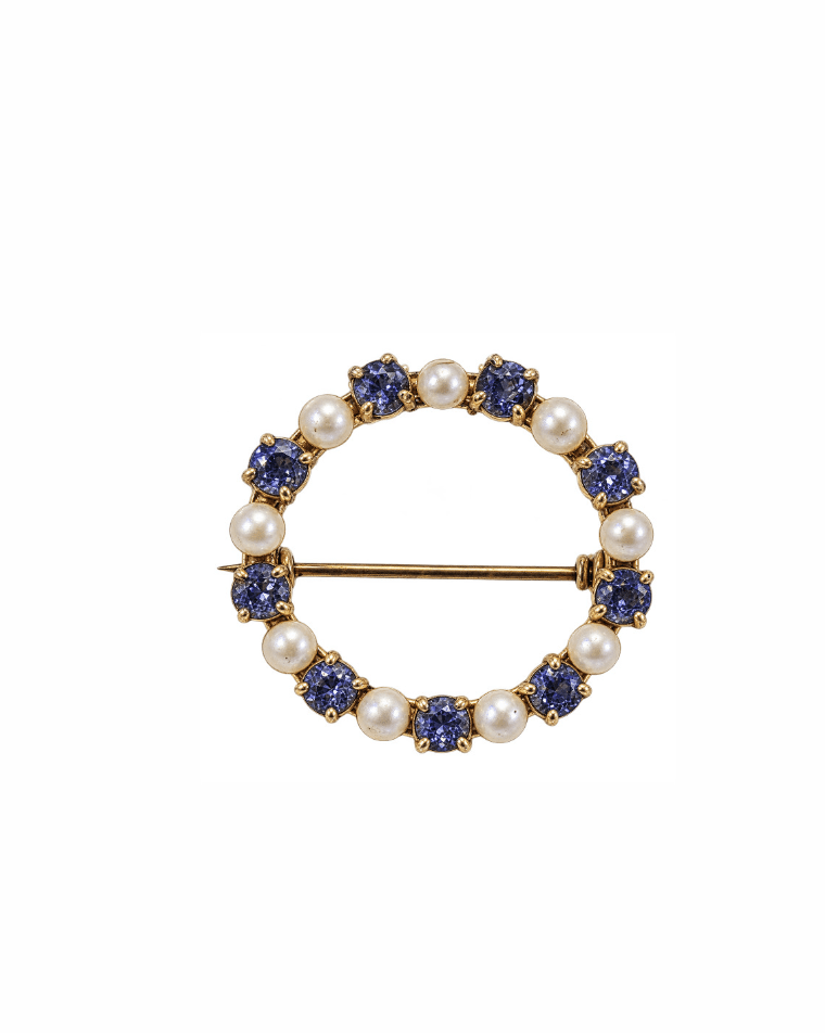 Vintage Wreath Pin Adorned in Sapphires and Seed Pearls - Kingdom Jewelry