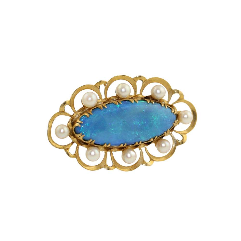 10k Gold Australian Blue Opal and Pearl Brooch - Kingdom Jewelry