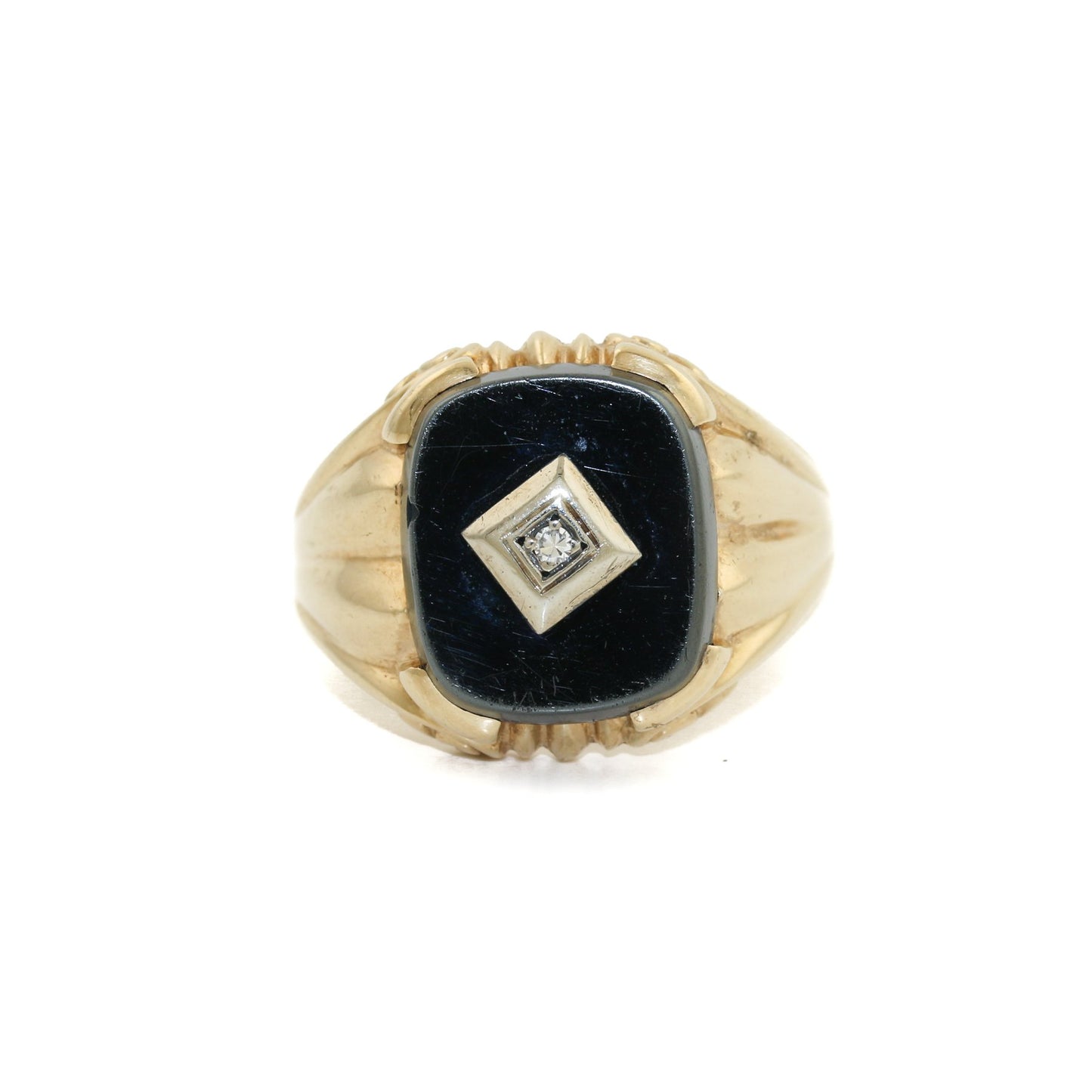 Load image into Gallery viewer, 10k Gold x Black Hematite &amp;amp; Diamond Art-Deco Signet - Kingdom Jewelry
