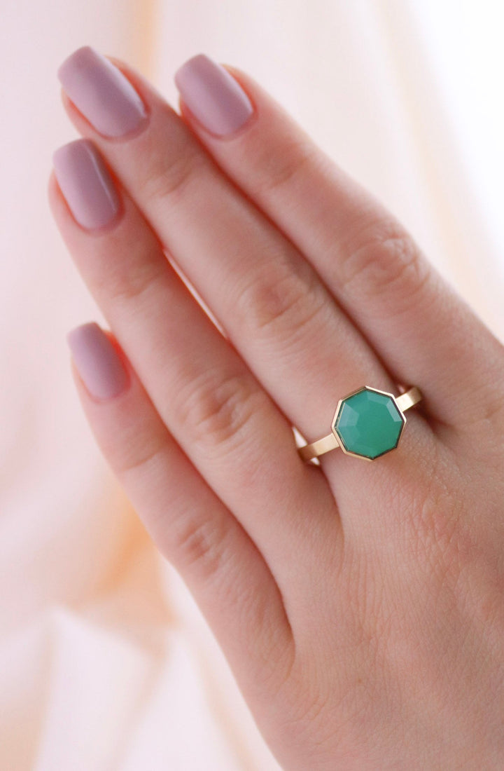 14 K Gold Faceted Chrysoprase Cocktail Ring - Kingdom Jewelry
