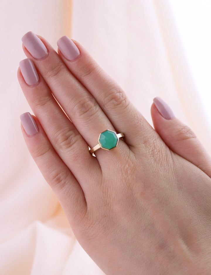 14 K Gold Faceted Chrysoprase Cocktail Ring - Kingdom Jewelry