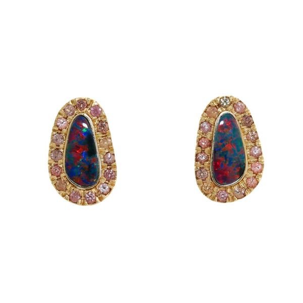 14K Australian Blue Opal x Peach Sapphire Earrings - Kingdom Jewelry