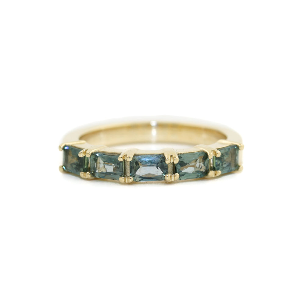 14K Gold Emerald- Cut Teal Sapphire Bead- Set Band - Kingdom Jewelry