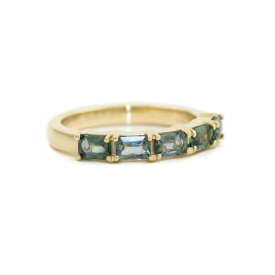 14K Gold Emerald- Cut Teal Sapphire Bead- Set Band - Kingdom Jewelry