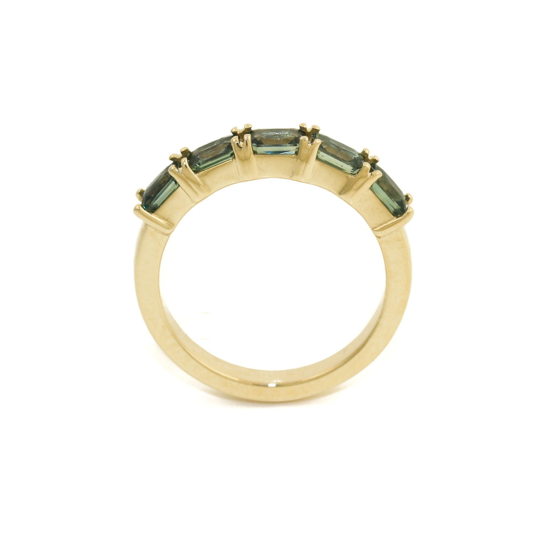 14K Gold Emerald- Cut Teal Sapphire Bead- Set Band - Kingdom Jewelry