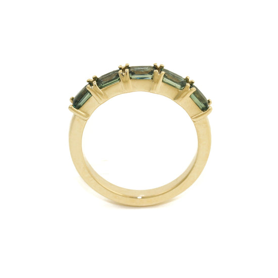 14K Gold Emerald- Cut Teal Sapphire Bead- Set Band - Kingdom Jewelry
