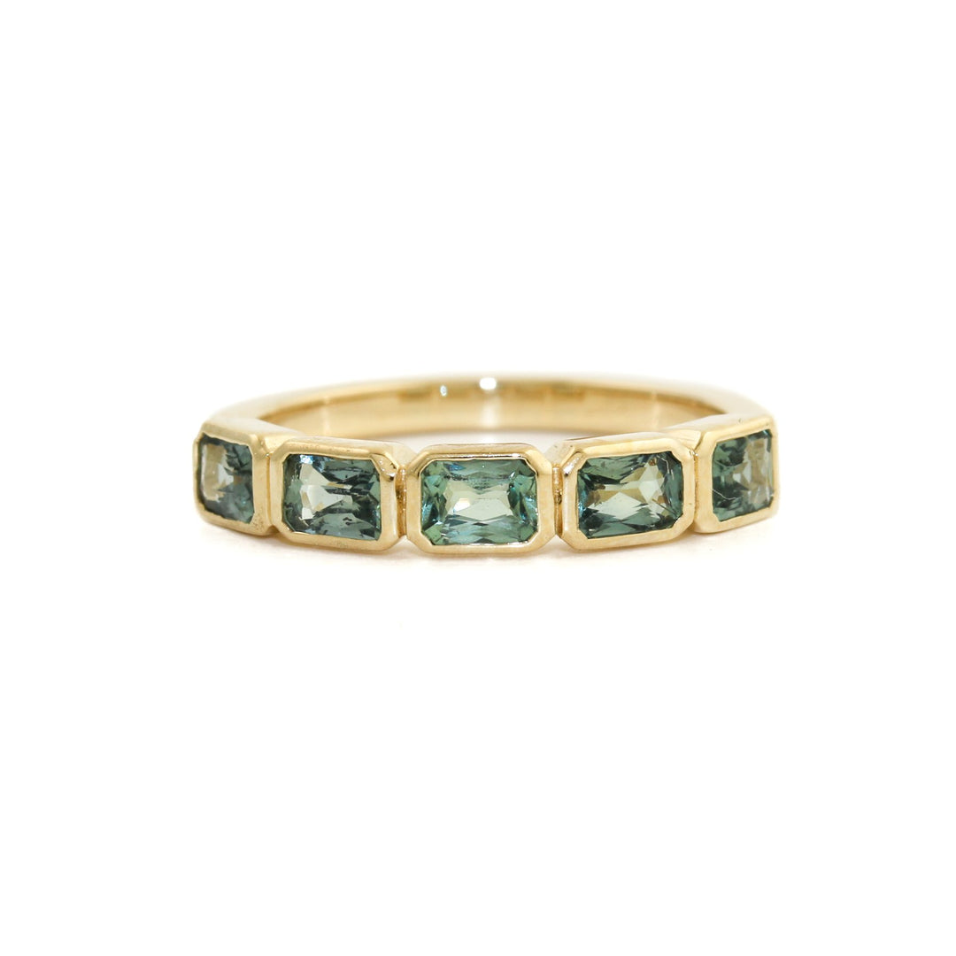 14K Gold Emerald-Cut Teal Sapphire Bezel-Set Band - Kingdom Jewelry