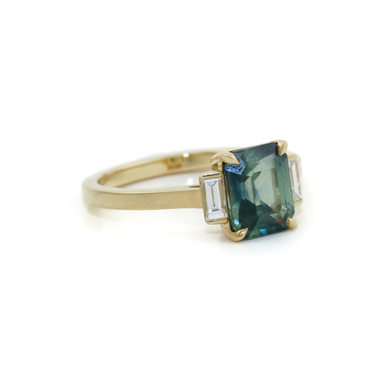 14k Gold x Teal Madagascan Sapphire & Baguette Diamond Ring - Kingdom Jewelry