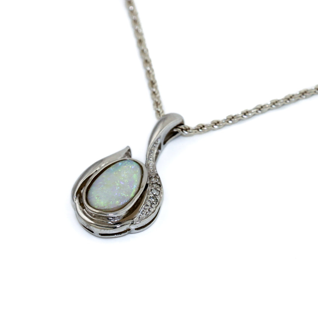 14k White Gold Vintage Opal X Diamond Pendant - Kingdom Jewelry
