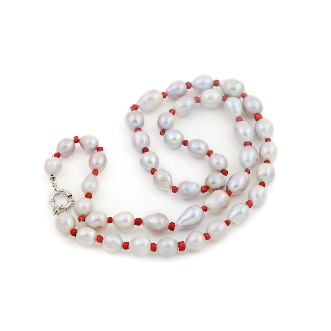 Silver-White Pearl & Red Coral Beaded Necklace