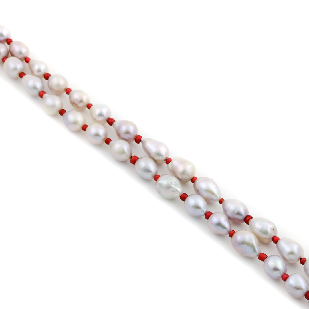 Silver-White Pearl & Red Coral Beaded Necklace