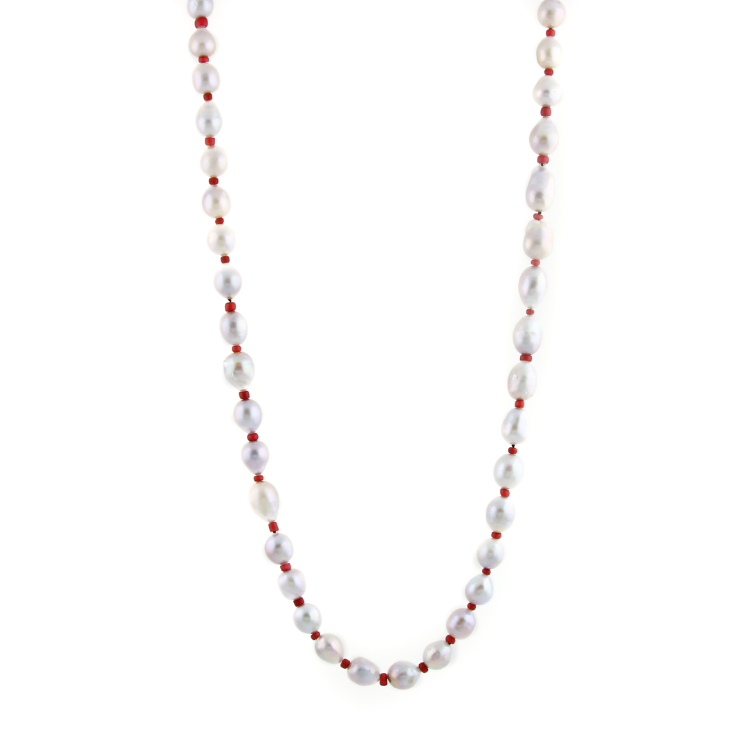 Silver-White Pearl & Red Coral Beaded Necklace