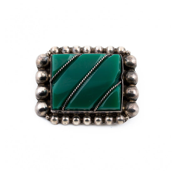 Amazing 1970's Green Onyx Mexican Taxco Pin - Kingdom Jewelry